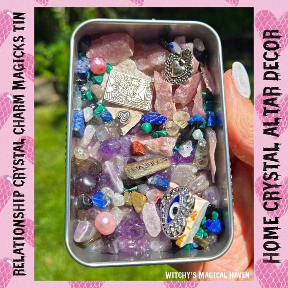 Relationship Crystal Charm Magicks Tin Altar Home Decor